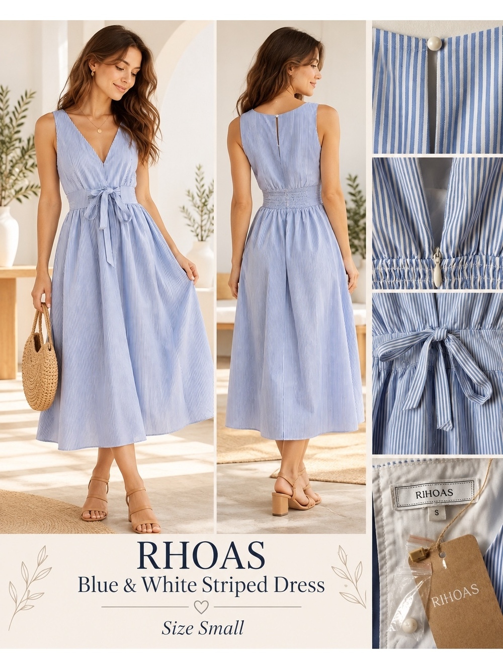 Rhoads Blue and White Striped Sleeveless Midi Dress Size Small
